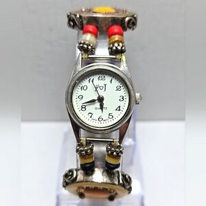 Womens Vintage L J Watch Silver Bronze Earth Tones Boho Beads New Battery
